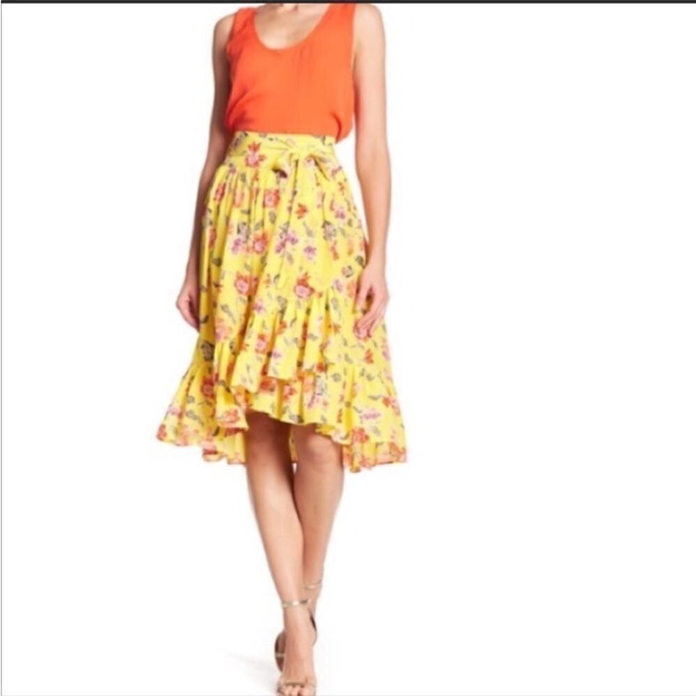 Joie Yellow Floral Print Denisha Ruffled Hem Midi Skirt New Size 8